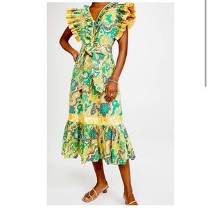Celiab Sunflower Pleated Flutter Sleeve midi dress xs